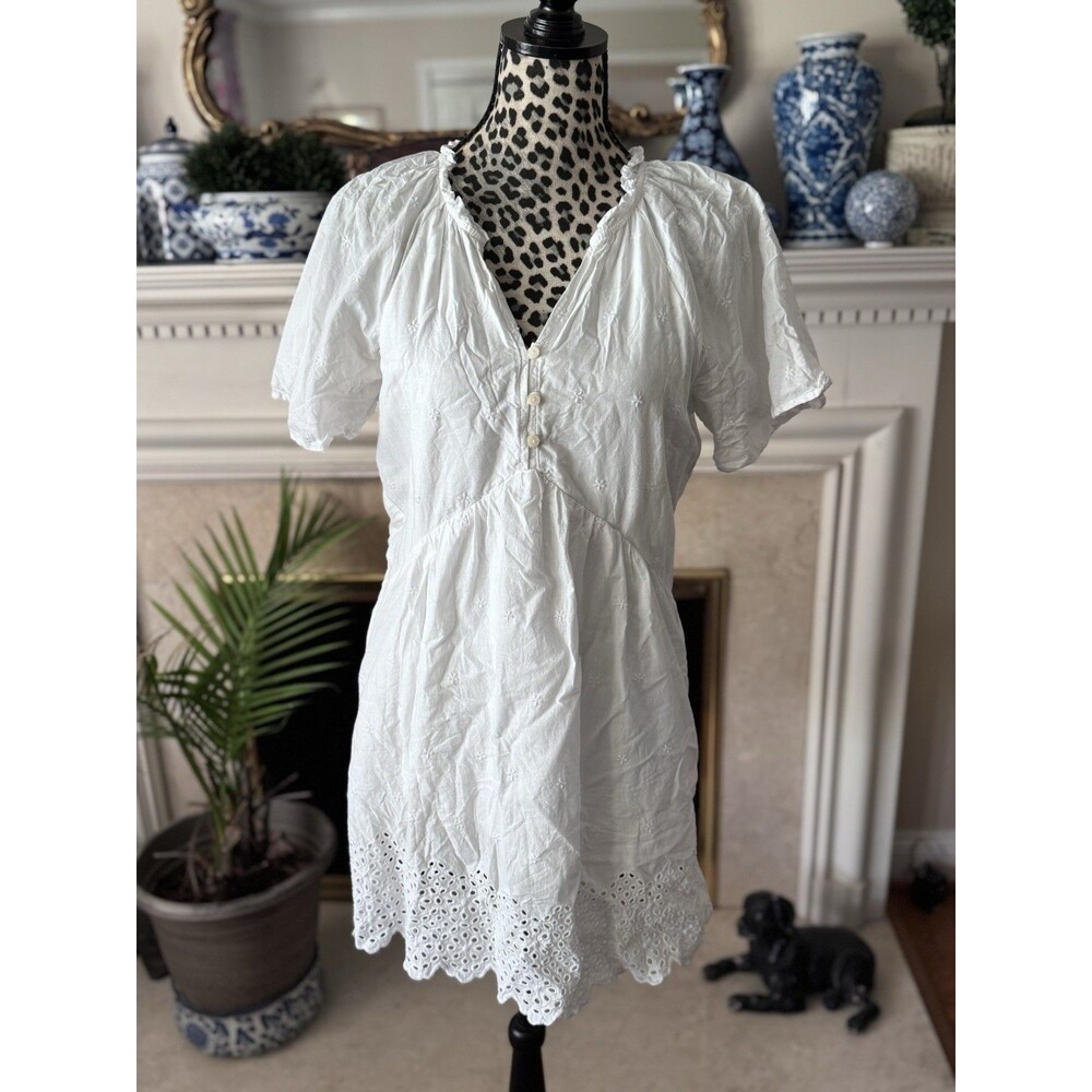 Old Navy White Split Neck Coastal Embroidered Mini Swing Dress Small Babydoll